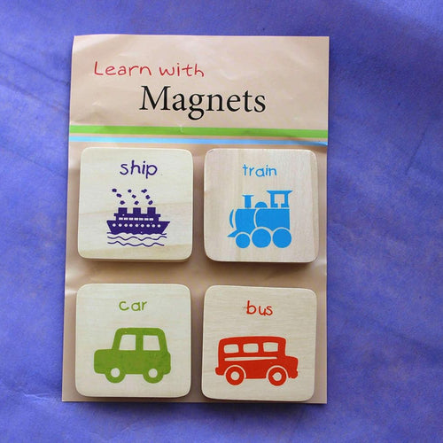 IVEI Wooden Educational Magnets for Kids – Bright Coloured Vehicle Magnet - Square Shape Magnets with Bus, Car, Ship, Train Design - Fridge Magnet - Innovative Magnets -Budget Gifts (Set of 4)