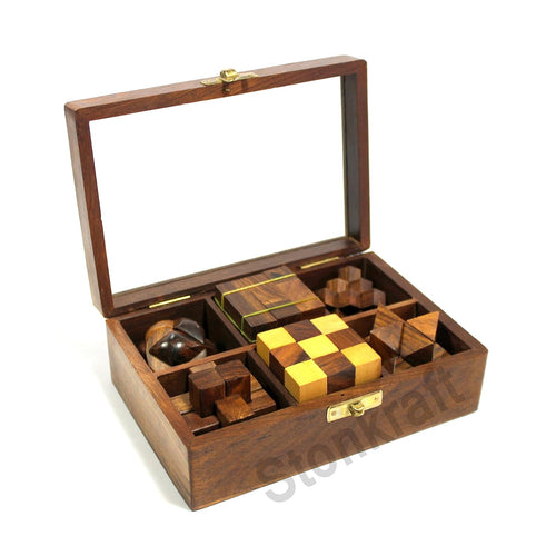 StonKraft 6-in-One Wooden Puzzle Games Set 3D Puzzles for Teens and Adults.