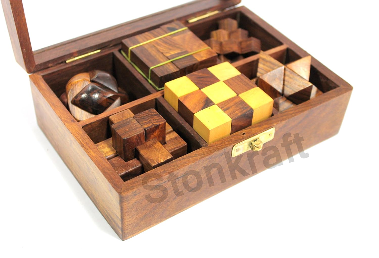 StonKraft 6-in-One Wooden Puzzle Games Set 3D Puzzles for Teens and Adults.