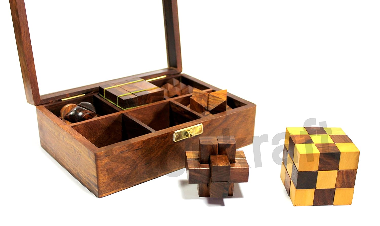 StonKraft 6-in-One Wooden Puzzle Games Set 3D Puzzles for Teens and Adults.