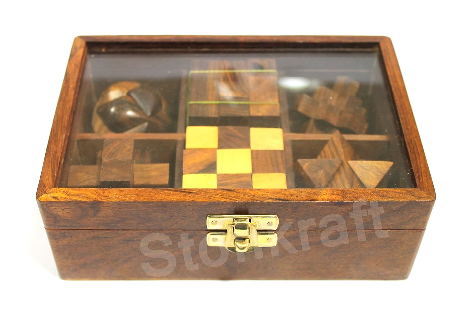 StonKraft 6-in-One Wooden Puzzle Games Set 3D Puzzles for Teens and Adults.