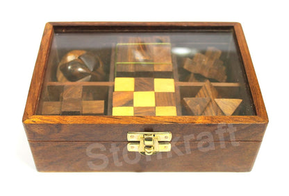 StonKraft 6-in-One Wooden Puzzle Games Set 3D Puzzles for Teens and Adults.
