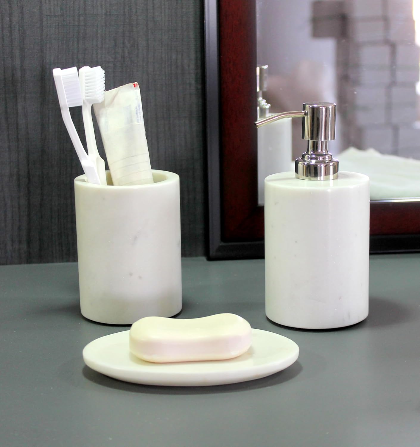 KLEO - Bathroom Accessory Set Made from Natural Stone - Bath Accessories Set Includes Soap Dispenser, Toothbrush Holder, Soap Dish (White - Set of 3)