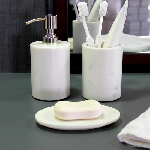 KLEO - Bathroom Accessory Set Made from Natural Stone - Bath Accessories Set Includes Soap Dispenser, Toothbrush Holder, Soap Dish (White - Set of 3)