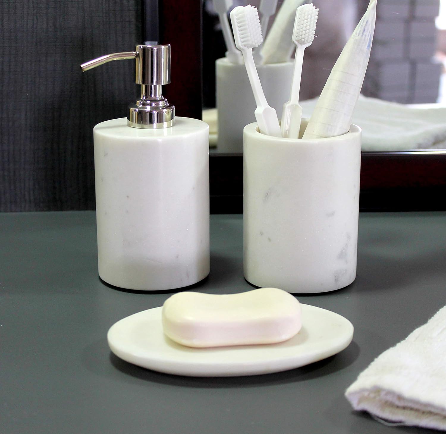 KLEO - Bathroom Accessory Set Made from Natural Stone - Bath Accessories Set Includes Soap Dispenser, Toothbrush Holder, Soap Dish (White - Set of 3)