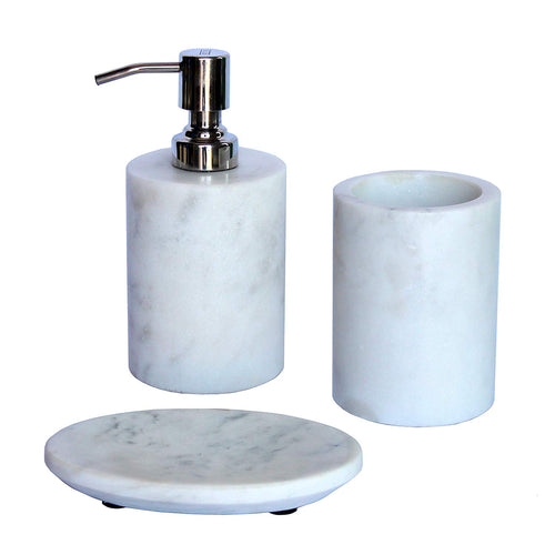 KLEO - Bathroom Accessory Set Made from Natural Stone - Bath Accessories Set Includes Soap Dispenser, Toothbrush Holder, Soap Dish (White - Set of 3)