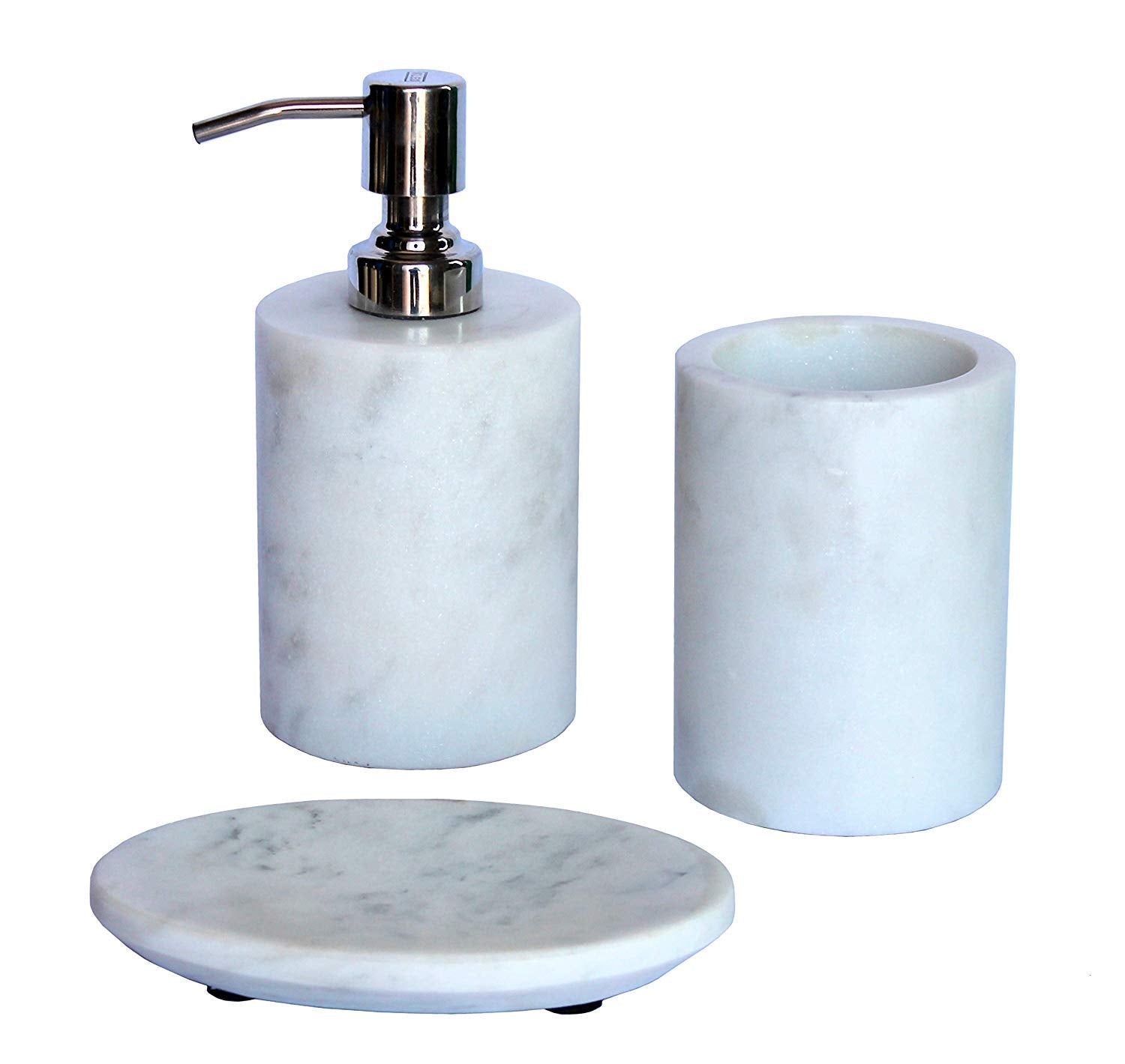 KLEO - Bathroom Accessory Set Made from Natural Stone - Bath Accessories Set Includes Soap Dispenser, Toothbrush Holder, Soap Dish (White - Set of 3)
