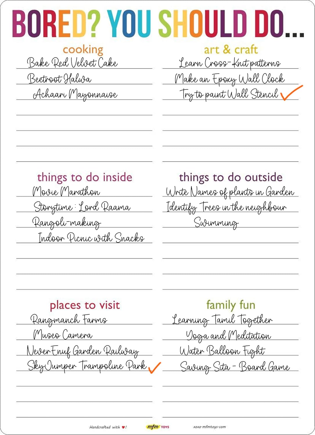 MFM TOYS Fridge Magnet Write-Erase Notepads Planners! Lockdown planner, Home Activities for Summer Vacations (Boredom Buster)