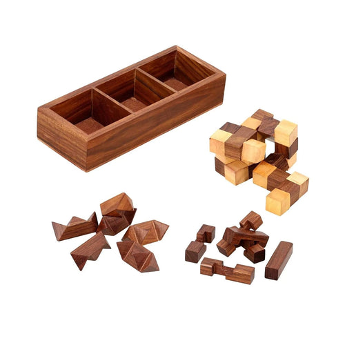 StonKraft 3-in-One Wooden Puzzle Games Set 3D Puzzles for Teens and Adults - Diagonal Burr, a Snake Cube and Star Puzzle