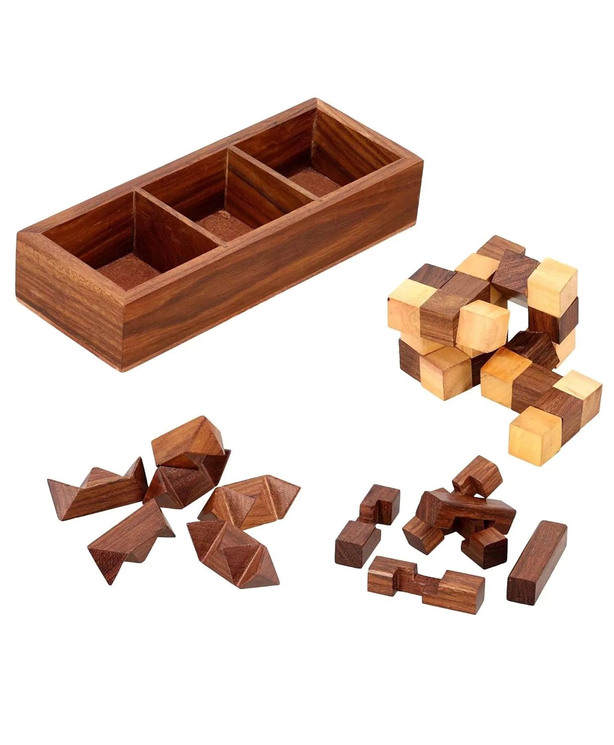 StonKraft 3-in-One Wooden Puzzle Games Set 3D Puzzles for Teens and Adults - Diagonal Burr, a Snake Cube and Star Puzzle