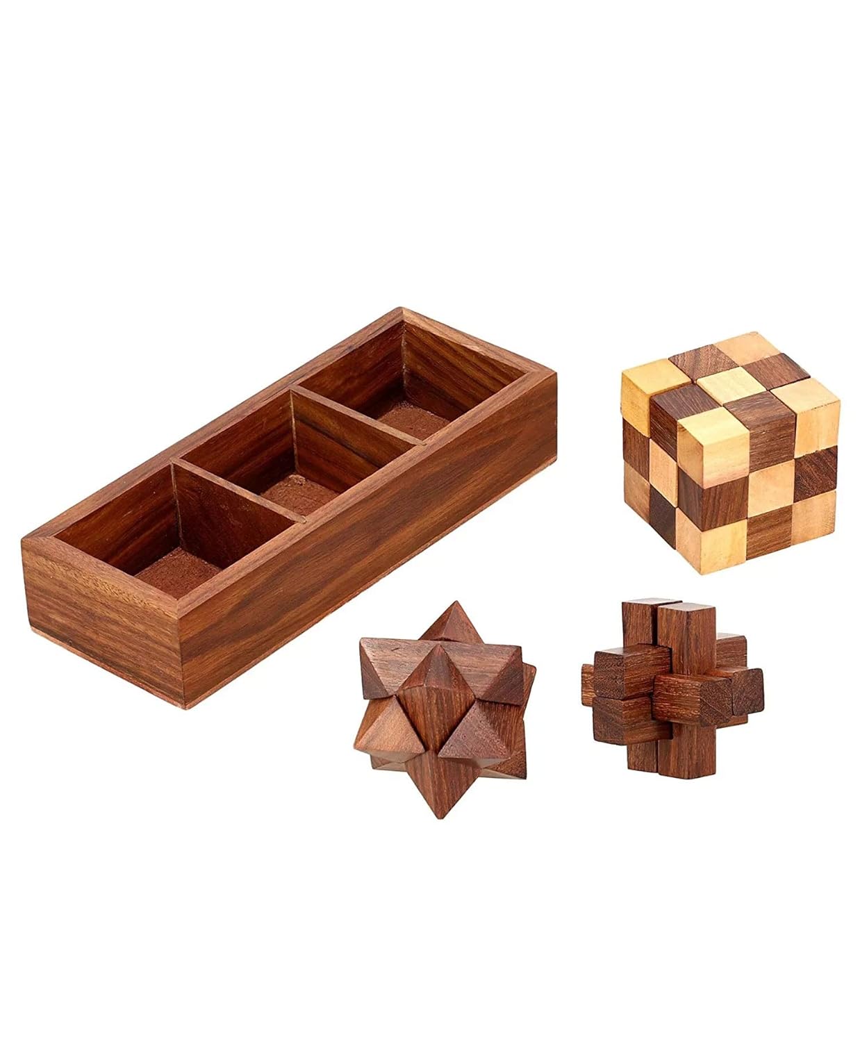 StonKraft 3-in-One Wooden Puzzle Games Set 3D Puzzles for Teens and Adults - Diagonal Burr, a Snake Cube and Star Puzzle