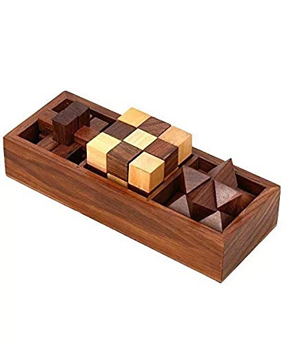 StonKraft 3-in-One Wooden Puzzle Games Set 3D Puzzles for Teens and Adults - Diagonal Burr, a Snake Cube and Star Puzzle
