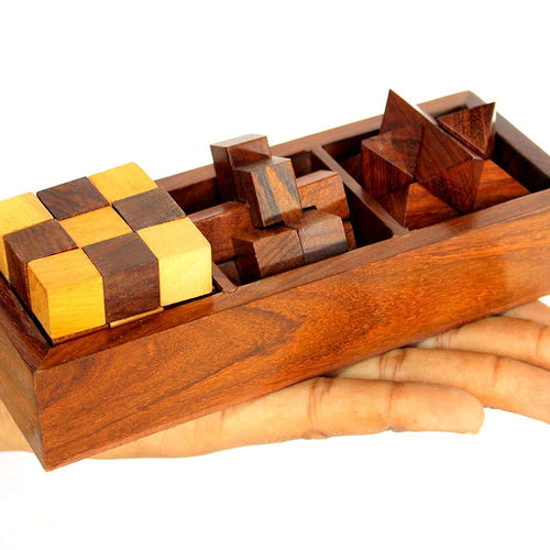 StonKraft 3-in-One Wooden Puzzle Games Set 3D Puzzles for Teens and Adults - Diagonal Burr, a Snake Cube and Star Puzzle
