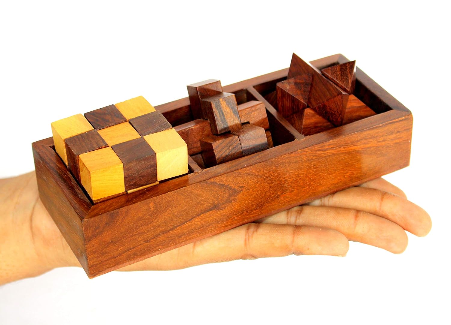 StonKraft 3-in-One Wooden Puzzle Games Set 3D Puzzles for Teens and Adults - Diagonal Burr, a Snake Cube and Star Puzzle