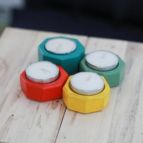 IVEI Wooden Tea Light Holder - Bright Colour Candle Holder - Attractive Candle Holder - Diya Holder for Home Décor - Dining Room, Living Room and Bedroom - Hexagon Shaped Candle Stand - Set of 4