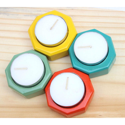 IVEI Wooden Tea Light Holder - Bright Colour Candle Holder - Attractive Candle Holder - Diya Holder for Home Décor - Dining Room, Living Room and Bedroom - Hexagon Shaped Candle Stand - Set of 4