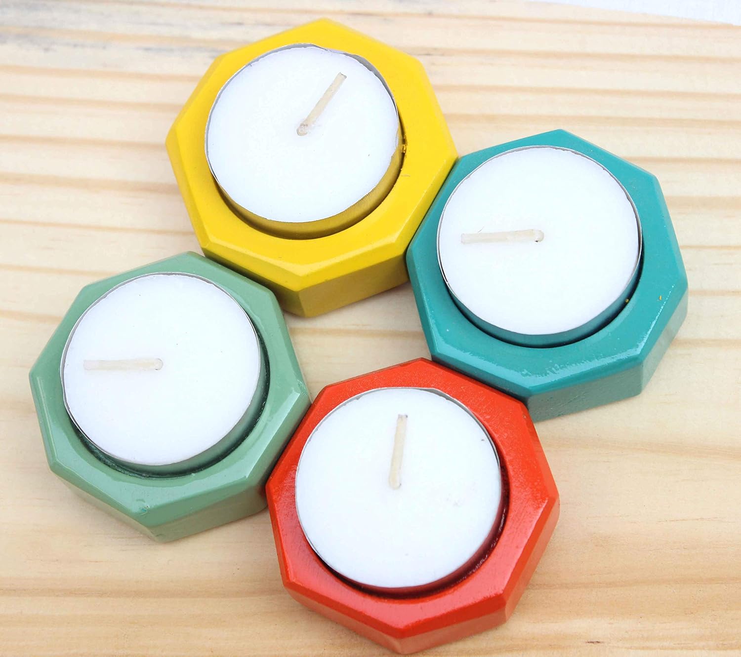 IVEI Wooden Tea Light Holder - Bright Colour Candle Holder - Attractive Candle Holder - Diya Holder for Home Décor - Dining Room, Living Room and Bedroom - Hexagon Shaped Candle Stand - Set of 4