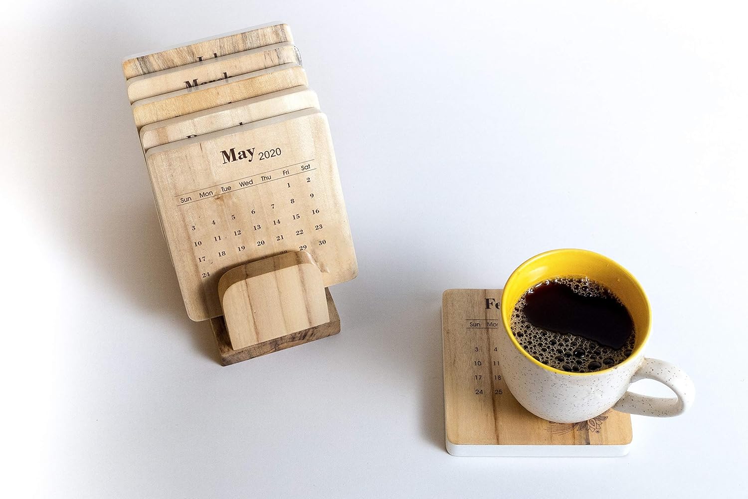 IVEI Wooden Classique Thick Calendar Coasters/Paper Weights with a White Edge Finish and a Coaster Stand