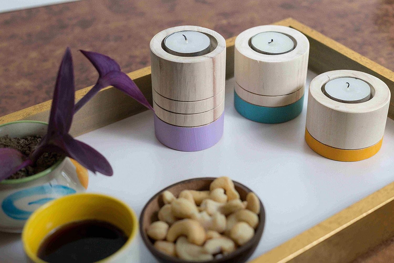 IVEI Wooden Tealight Candle Holder - Hand-Painted Round Tea Lights Candle Holder Stand - Wooden Tea Light Holder - Wooden Candle Stand for Diwali Gifts, Office, Home Decoration - Set of 3