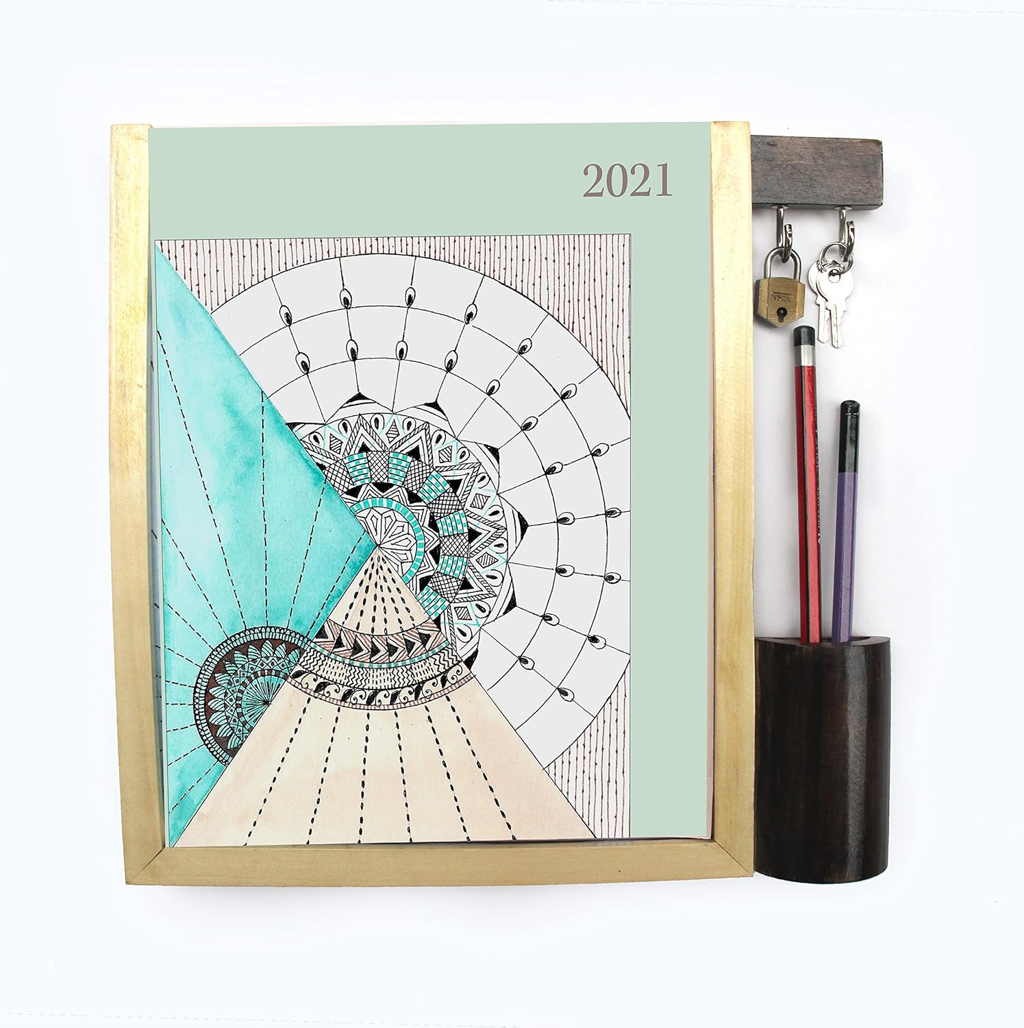 IVEI Calendar with Key hooks and Stationery Holder – All In One Calendar with Motivational Quotes - Wall Calendar with Wooden Key Holder & Stationery Box - Unique Gift for Home, Office - Brown
