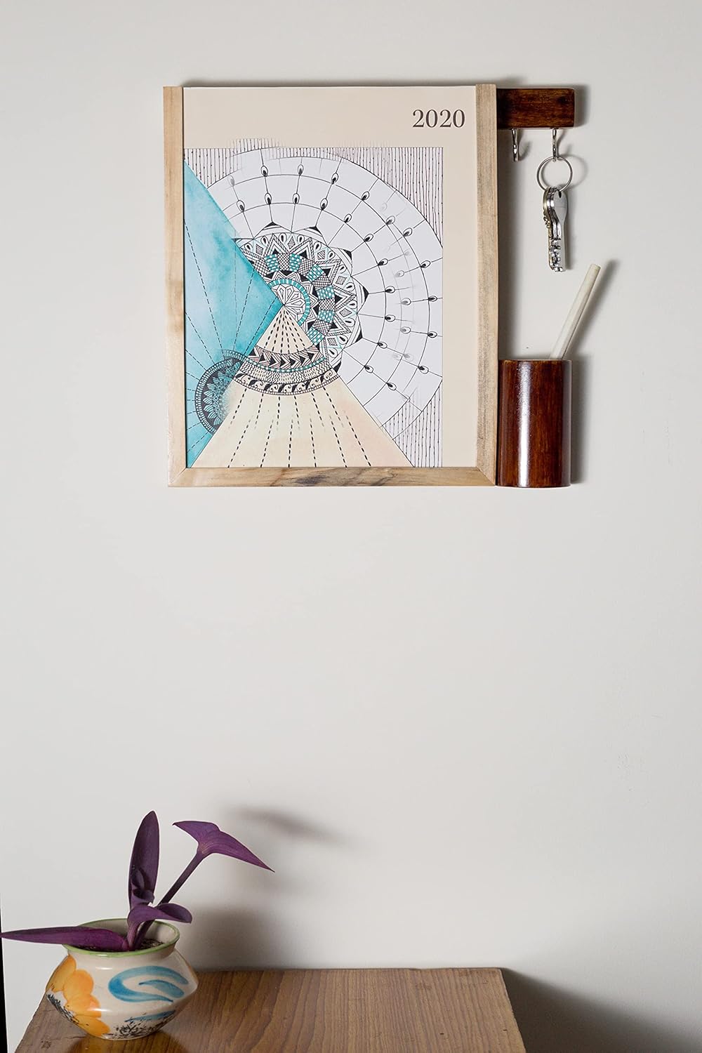 IVEI Calendar with Key hooks and Stationery Holder – All In One Calendar with Motivational Quotes - Wall Calendar with Wooden Key Holder & Stationery Box - Unique Gift for Home, Office - Brown