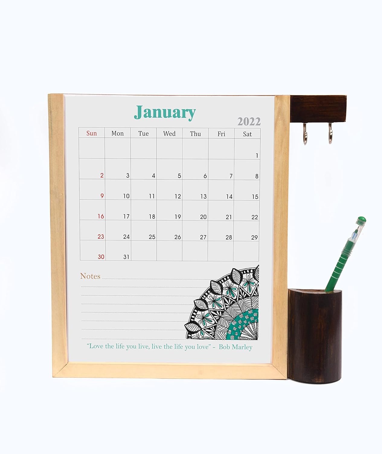 IVEI Calendar with Key hooks and Stationery Holder – All In One Calendar with Motivational Quotes - Wall Calendar with Wooden Key Holder & Stationery Box - Unique Gift for Home, Office - Brown