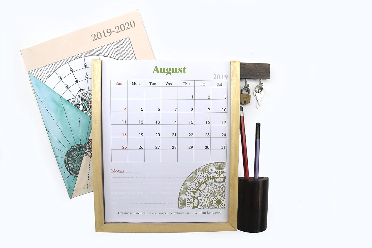 IVEI Calendar with Key hooks and Stationery Holder – All In One Calendar with Motivational Quotes - Wall Calendar with Wooden Key Holder & Stationery Box - Unique Gift for Home, Office - Brown