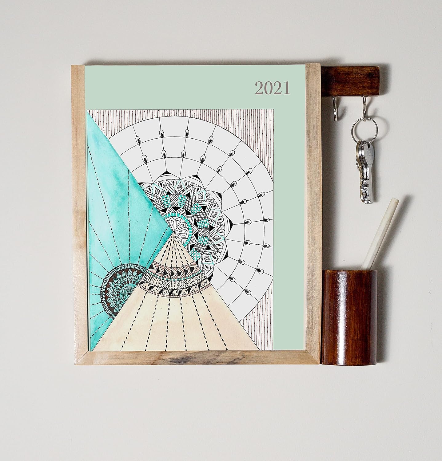 IVEI Calendar with Key hooks and Stationery Holder – All In One Calendar with Motivational Quotes - Wall Calendar with Wooden Key Holder & Stationery Box - Unique Gift for Home, Office - Brown