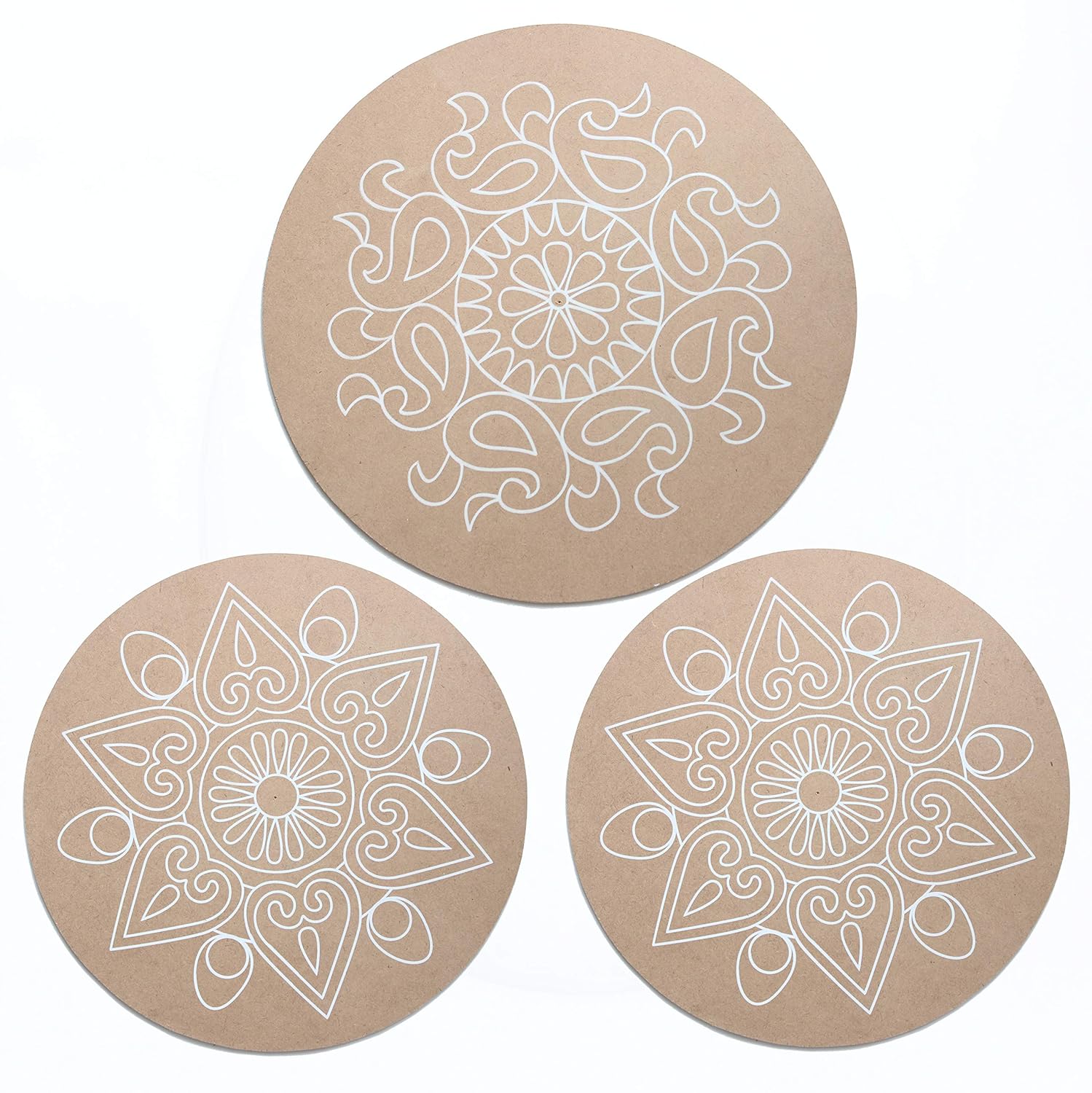 IVEI MDF Wood Circular Rangoli Plates with Pre Drawn Design - Set of 3, Brown