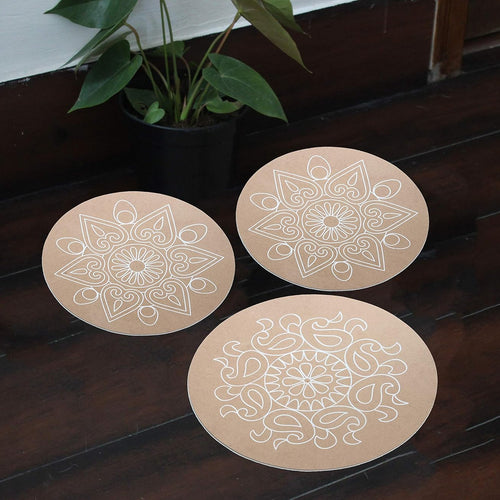 IVEI MDF Wood Circular Rangoli Plates with Pre Drawn Design - Set of 3, Brown
