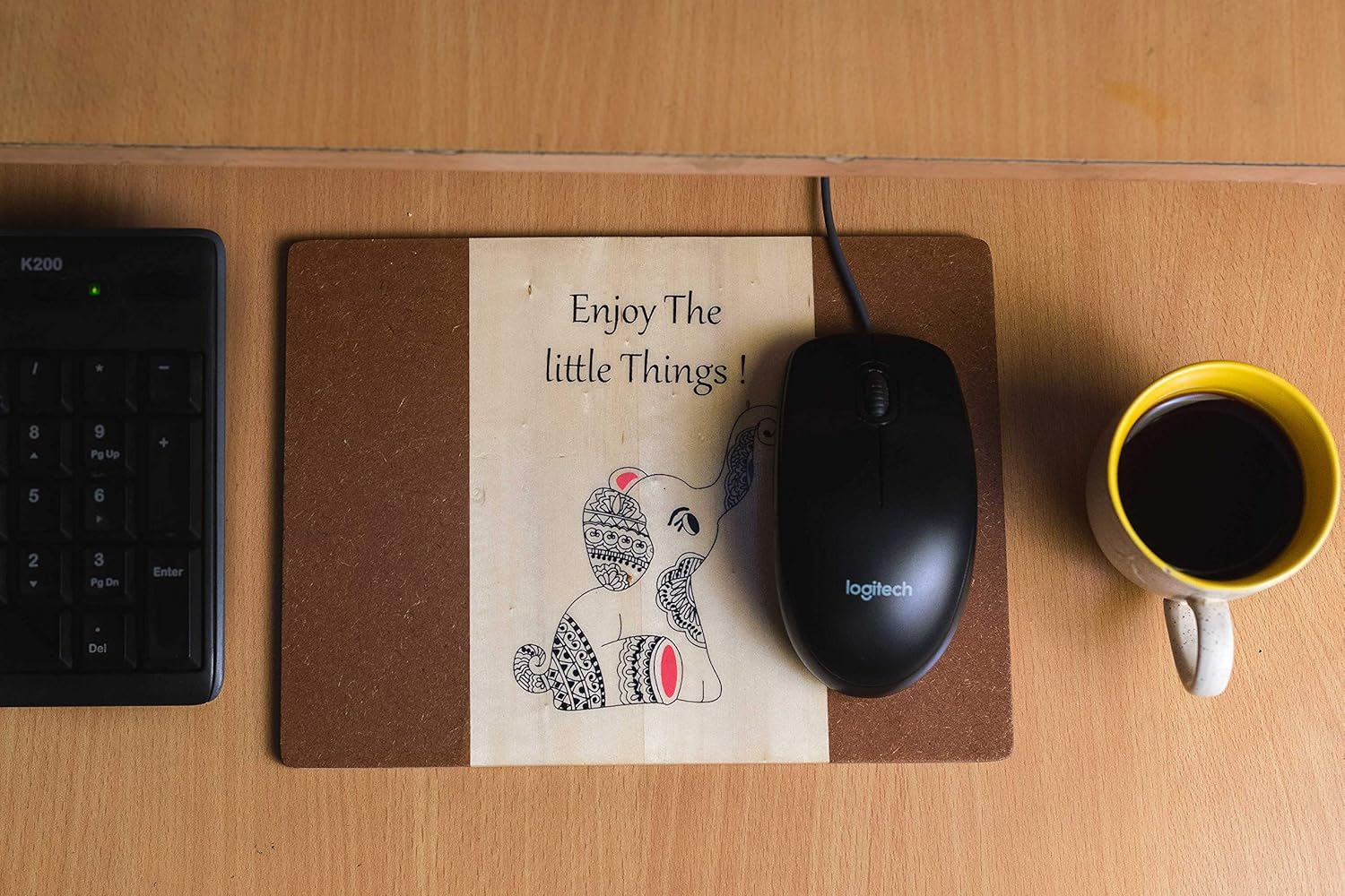 IVEI Wooden Mouse Pad for Laptop, Computer, Desktop - Smooth Movement pad - Designer Laptop Pad for Desk, Office, Home, Studying, Gaming - Doodle Print of Elephant - Attractive Pad for Gifting