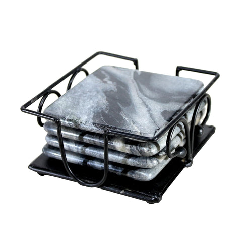 KLEO Stone Coasters Coaster Set Coasters with Wrought Iron Holder (Square) (Grey Colour)