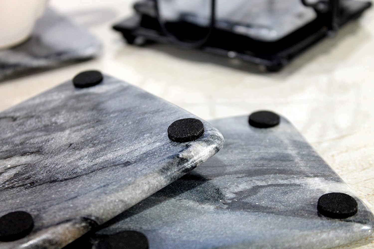 KLEO Stone Coasters Coaster Set Coasters with Wrought Iron Holder (Square) (Grey Colour)