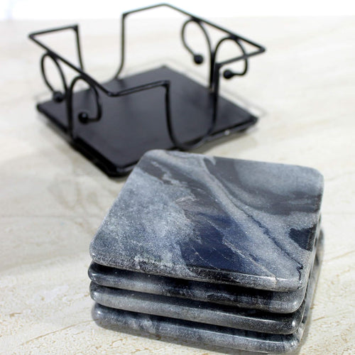 KLEO Stone Coasters Coaster Set Coasters with Wrought Iron Holder (Square) (Grey Colour)