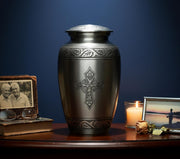 eSplanade Brass Cremation Urn Memorial Jar Pot Container | Full Size Urn for Funeral Ashes Burial | Holy Cross Printed Urn | Black - 10" Inches