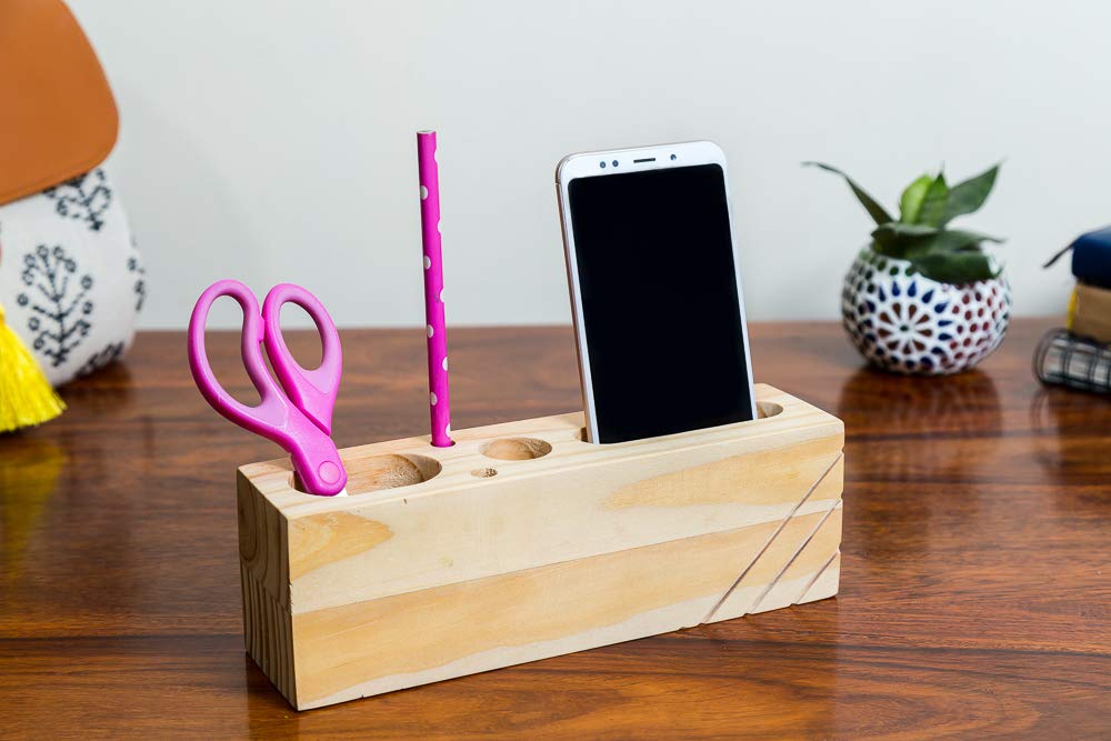 IVEI Sleek Pine Wood Rectangular Pen Stand | Pen/Pencil Holder - Minimalistic Office Desk Organizer - Wooden Stationery Holder for Office and Study Table - Smart and Unique Budget Gifts
