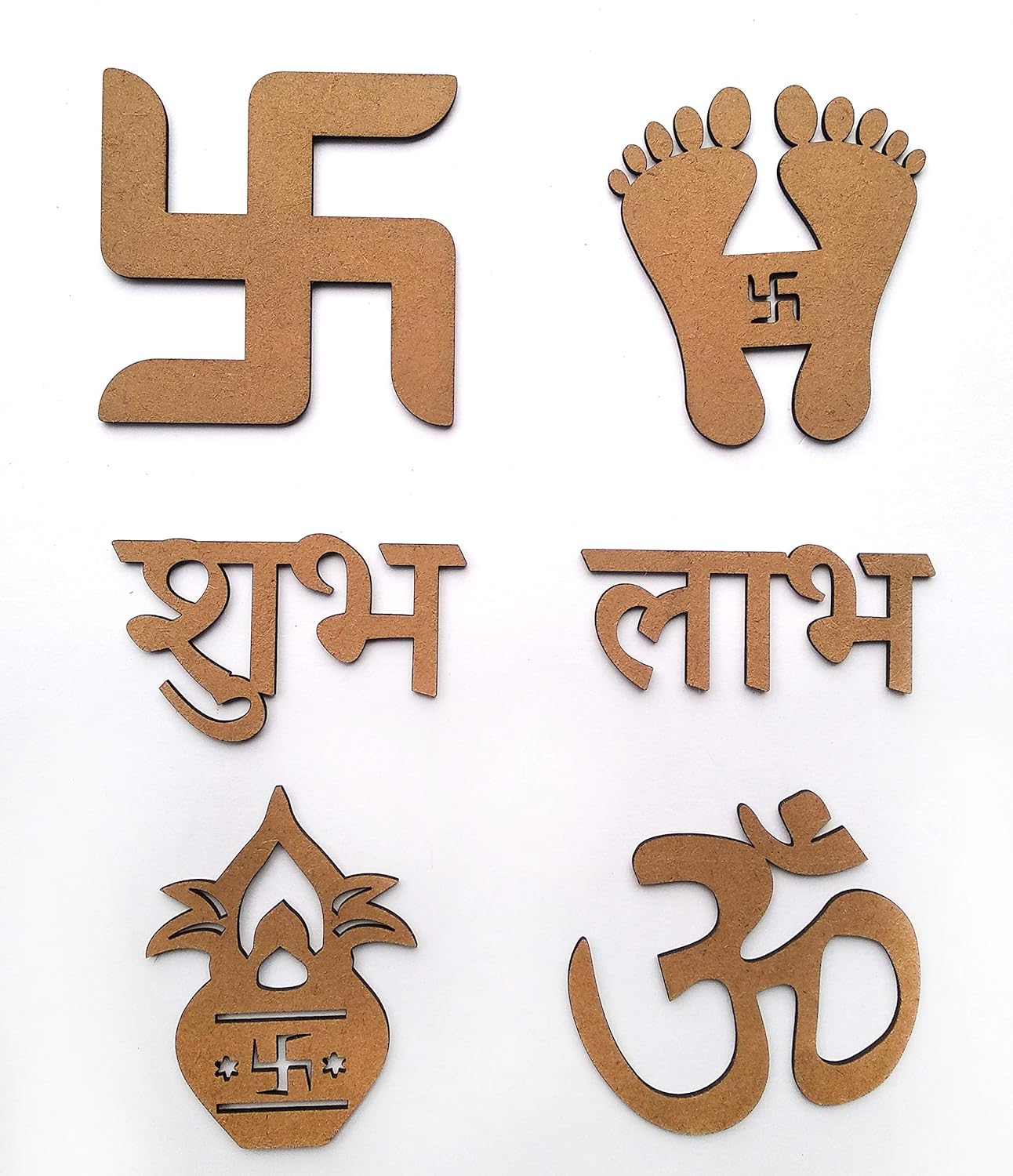 IVEI DIY MDF Cutouts of Sathiya, Shubh, Labh, Kalash, Om & Laxmicharan for Diwali & Festivals - MDF Cutouts (Medium) for Painting Wooden Sheet Craft, Decoupage, Resin Art Work & Decoration - Set of 6