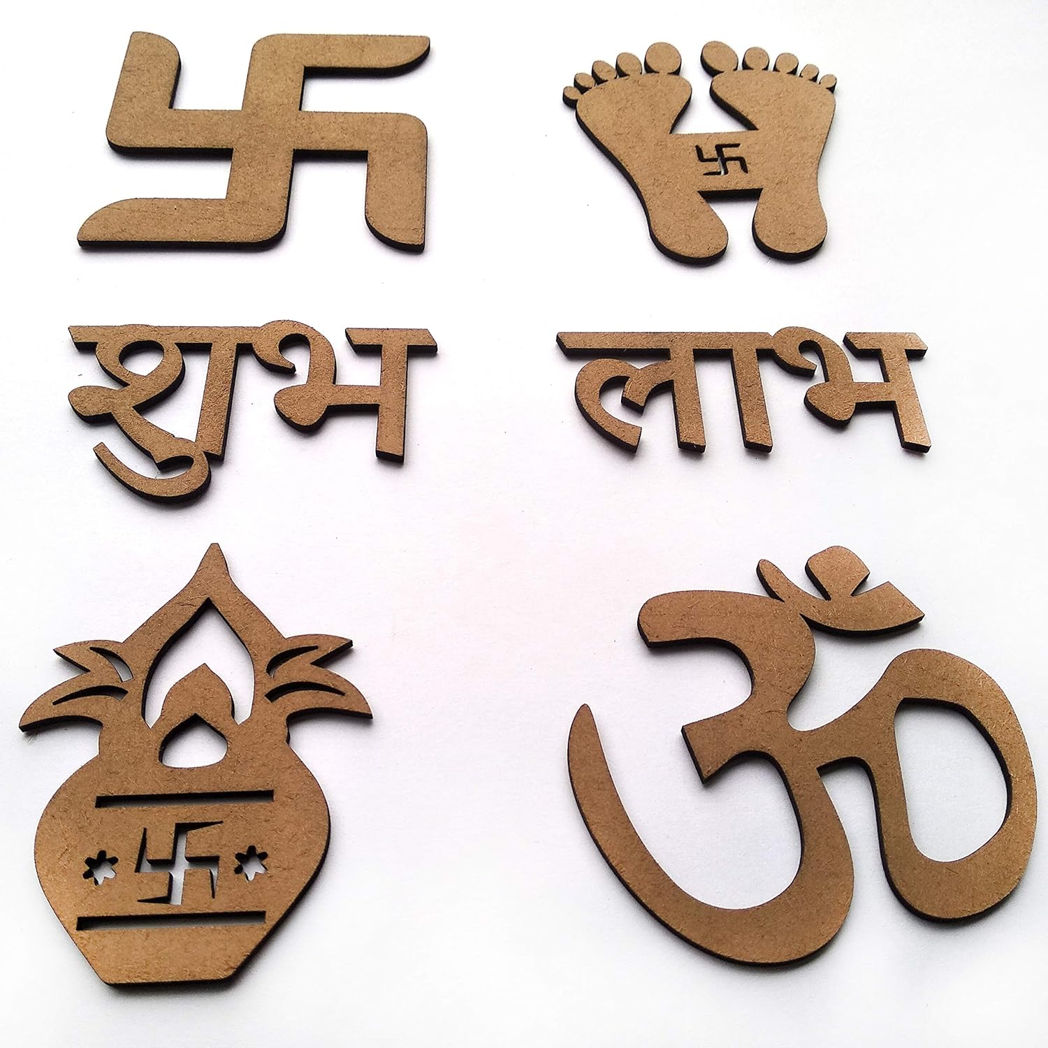 IVEI DIY MDF Cutouts of Sathiya, Shubh, Labh, Kalash, Om & Laxmicharan for Diwali & Festivals - MDF Cutouts (Medium) for Painting Wooden Sheet Craft, Decoupage, Resin Art Work & Decoration - Set of 6