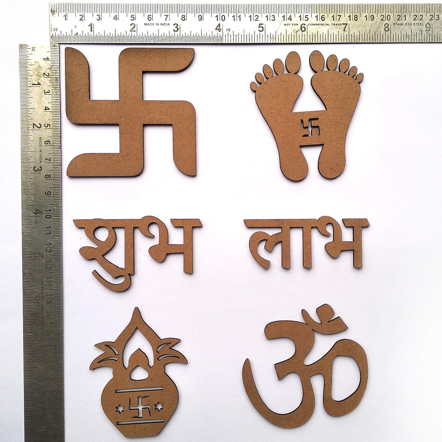 IVEI DIY MDF Cutouts of Sathiya, Shubh, Labh, Kalash, Om & Laxmicharan for Diwali & Festivals - MDF Cutouts (Medium) for Painting Wooden Sheet Craft, Decoupage, Resin Art Work & Decoration - Set of 6