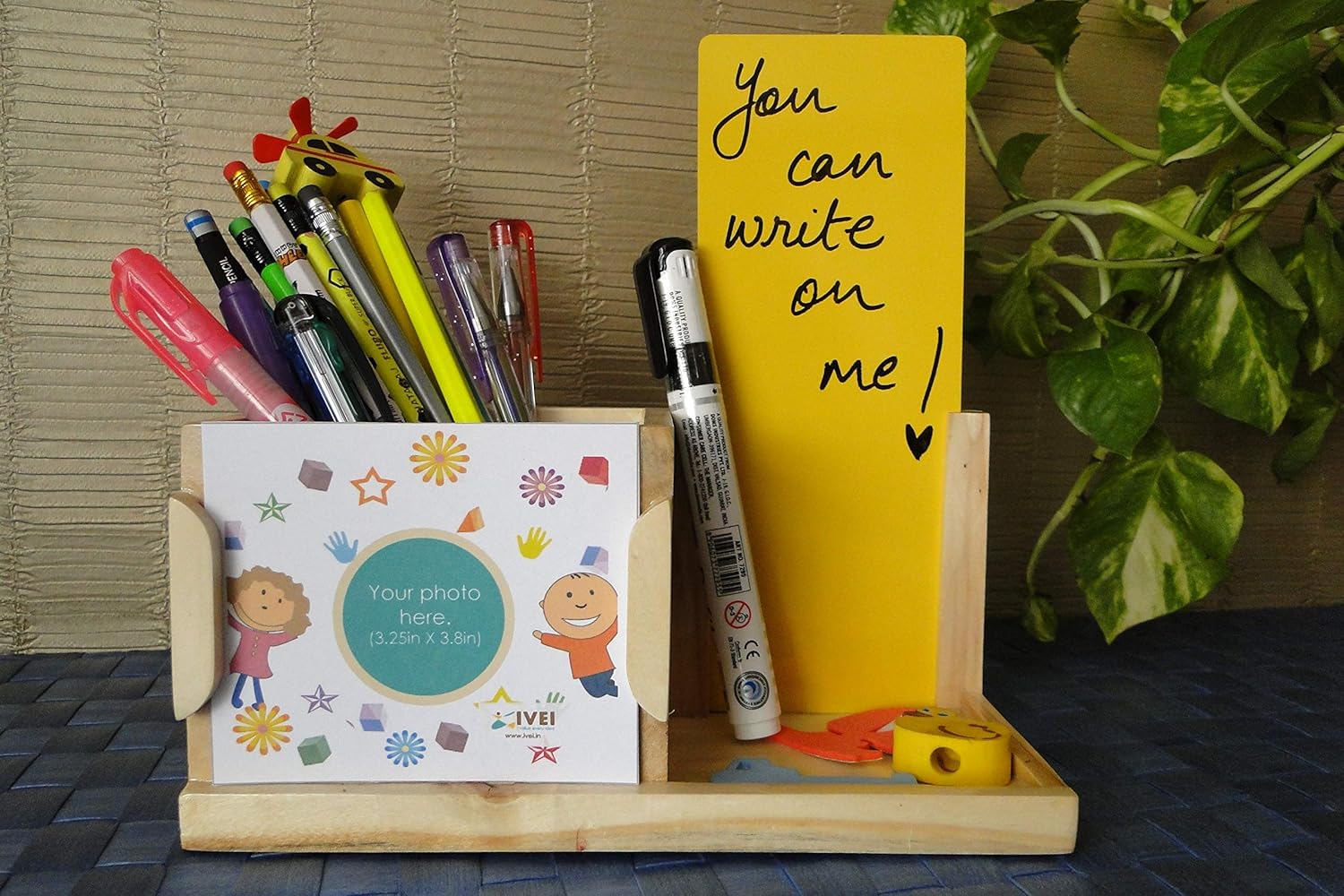 IVEI Wooden Yellow Board Cum Pen Stand - All-in-One Desk Organizer - Mini Easy to Wipe Board - to-Do List Board - Pen & Stationery Holder - Unique & Attractive Gifts for The Office, Schools, Home