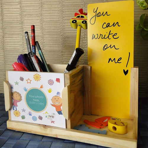 IVEI Wooden Yellow Board Cum Pen Stand - All-in-One Desk Organizer - Mini Easy to Wipe Board - to-Do List Board - Pen & Stationery Holder - Unique & Attractive Gifts for The Office, Schools, Home