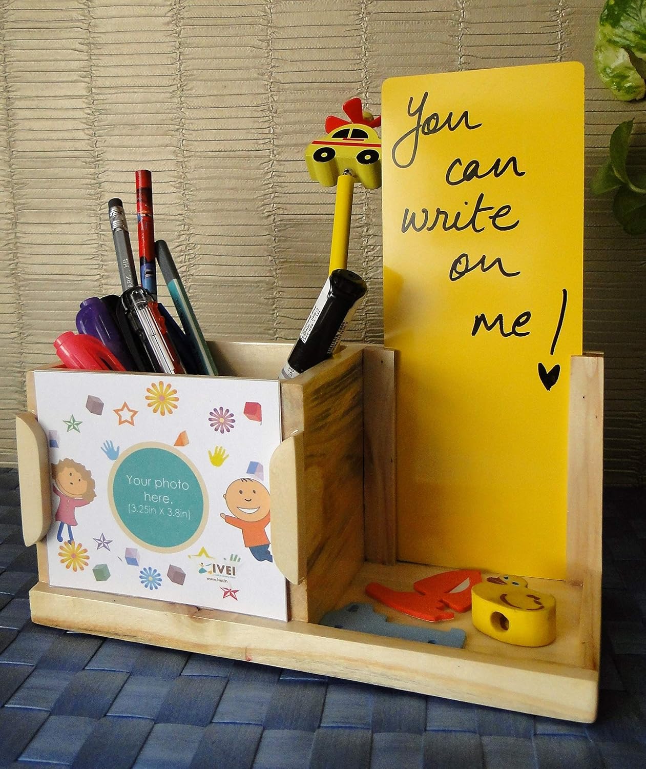 IVEI Wooden Yellow Board Cum Pen Stand - All-in-One Desk Organizer - Mini Easy to Wipe Board - to-Do List Board - Pen & Stationery Holder - Unique & Attractive Gifts for The Office, Schools, Home