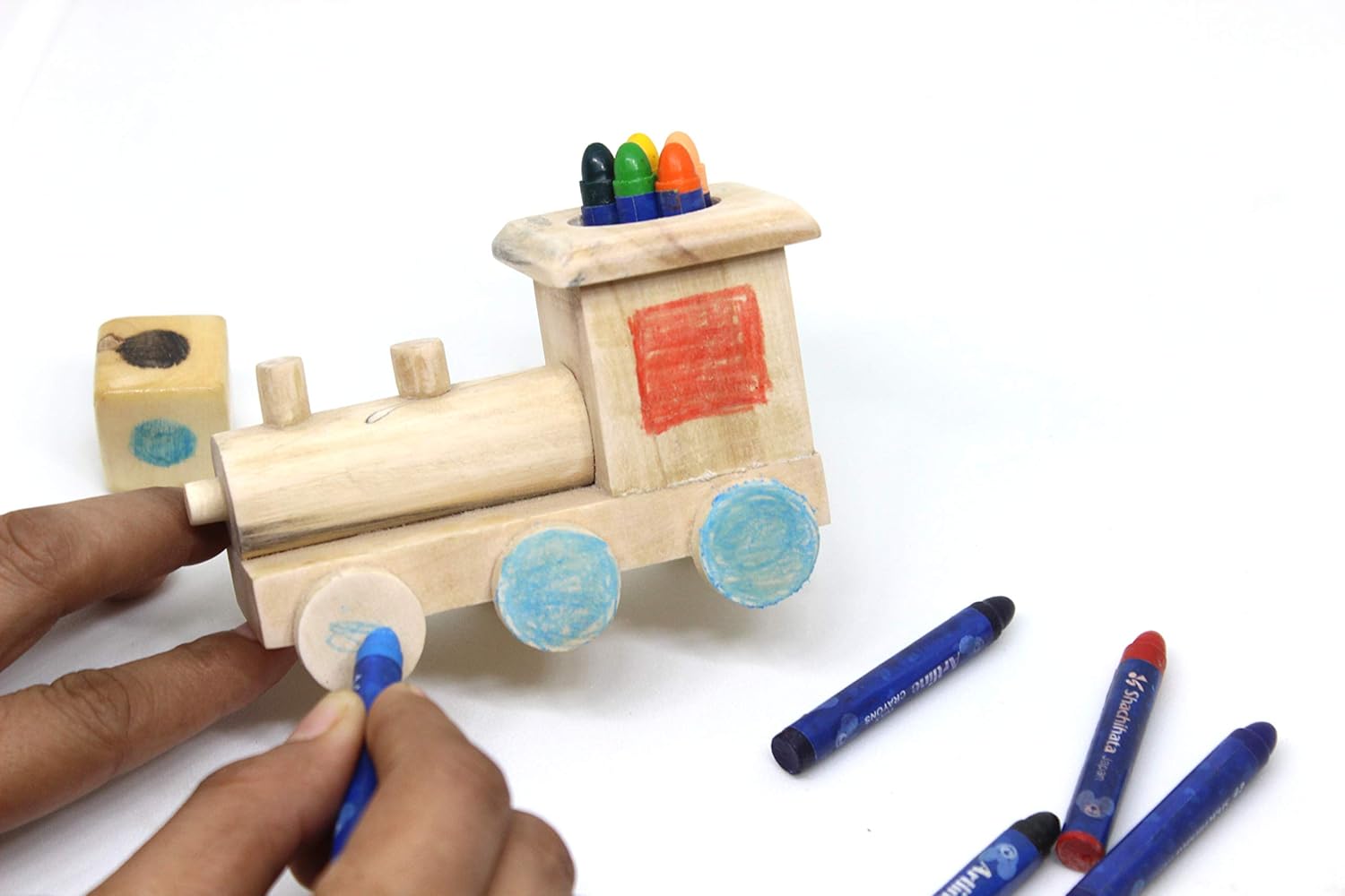 IVEI Wooden Crayon Holder Cum Activity Toy - Show Piece - Stationery Holder - Train Toy - Crayon Holder - Educational - Utility Toy – Smart and Attractive Return Gifts for Kids