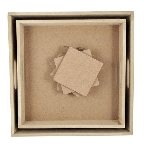 IVEI DIY 2 MDF Trays and 6 MDF Coasters Set -MDF Plain Wooden Coasters Square Shaped Blank Cutouts & Trays for Painting Wood Sheet Craft, Decoupage, Resin Art Work & Decoration
