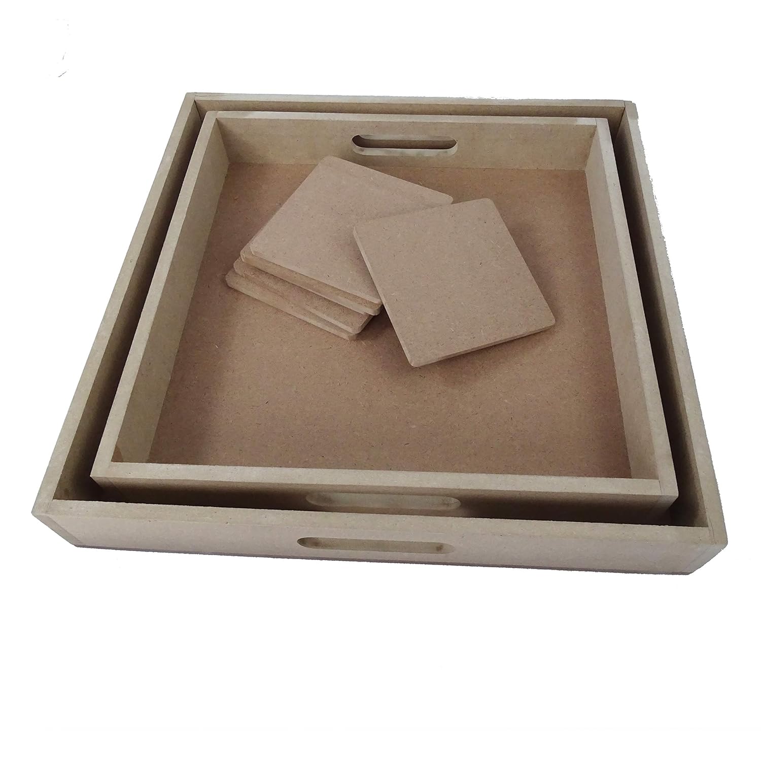IVEI DIY 2 MDF Trays and 6 MDF Coasters Set -MDF Plain Wooden Coasters Square Shaped Blank Cutouts & Trays for Painting Wood Sheet Craft, Decoupage, Resin Art Work & Decoration