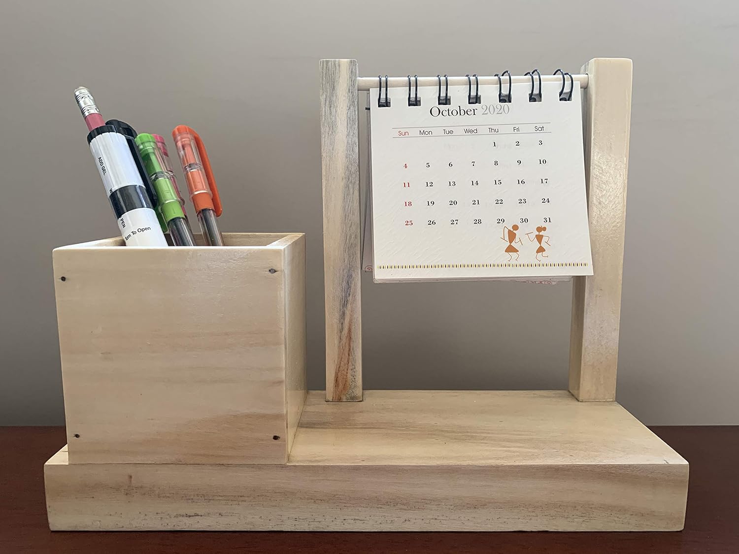 IVEI Warli Utility Hanging Calendar with Pen Holder - Mini Utility Desktop Calendar - Desk Organizer Table Top Calendar Set - Desk Calendar with Pen Stand for Home, Office Desk Decor, Study Room
