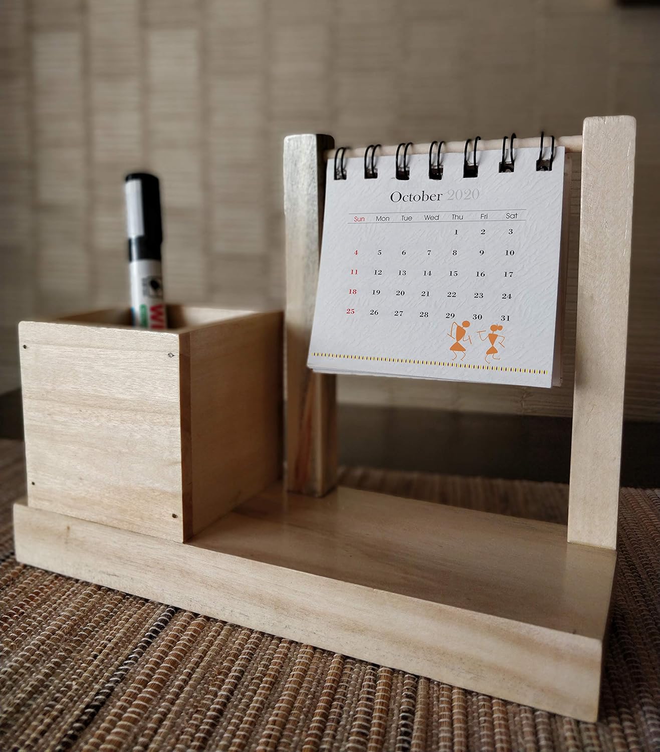 IVEI Warli Utility Hanging Calendar with Pen Holder - Mini Utility Desktop Calendar - Desk Organizer Table Top Calendar Set - Desk Calendar with Pen Stand for Home, Office Desk Decor, Study Room