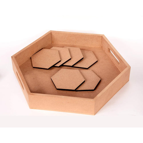 IVEI DIY MDF Coasters & DIY Tray Wood Sheet Craft- Set of 6 MDF Plain Wooden Coasters Hexagon Shaped Blank Cutouts for Painting Wood Sheet Craft, Decoupage, Resin Art Work & Decoration