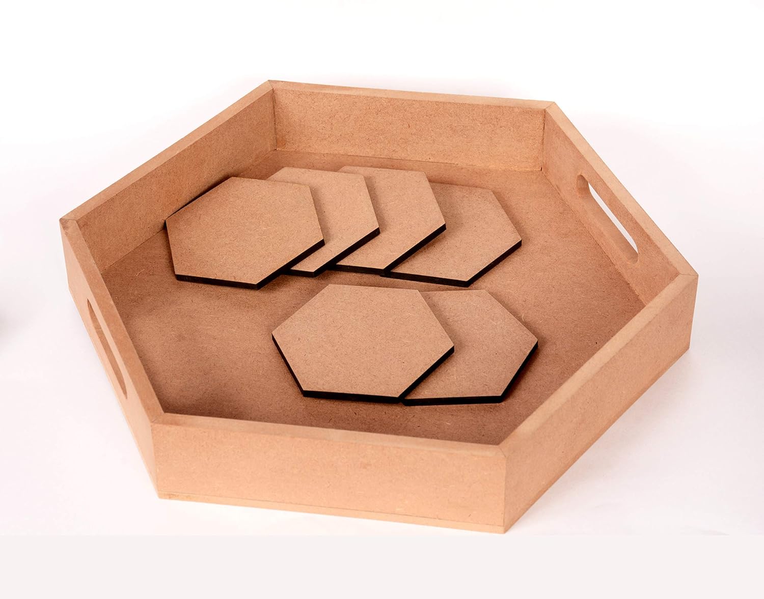 IVEI DIY MDF Coasters & DIY Tray Wood Sheet Craft- Set of 6 MDF Plain Wooden Coasters Hexagon Shaped Blank Cutouts for Painting Wood Sheet Craft, Decoupage, Resin Art Work & Decoration