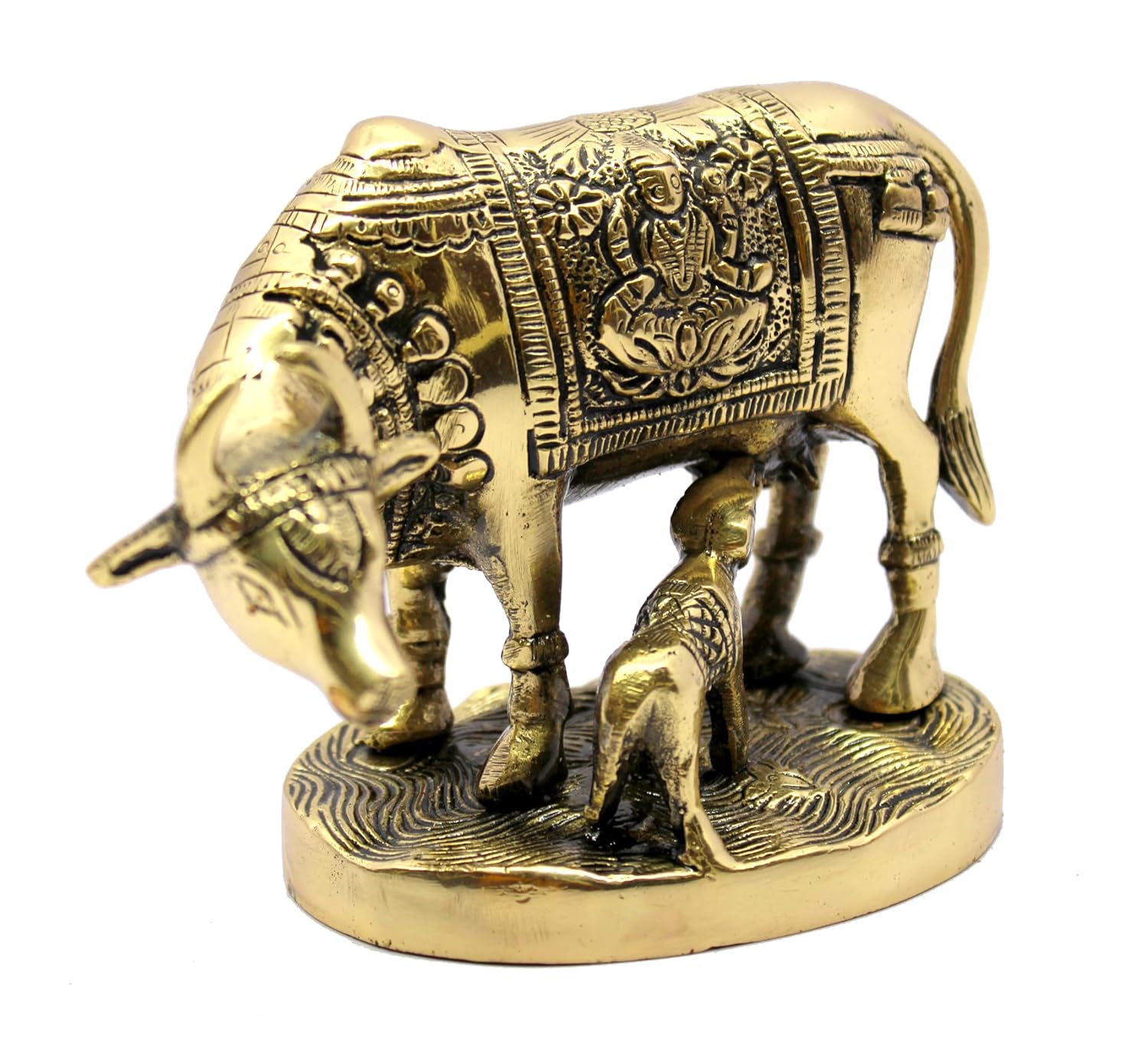 StonKraft Beautiful Lucky Figurine - Nandi Kamdhenu Cow and Calf Brass Sculpture Statue